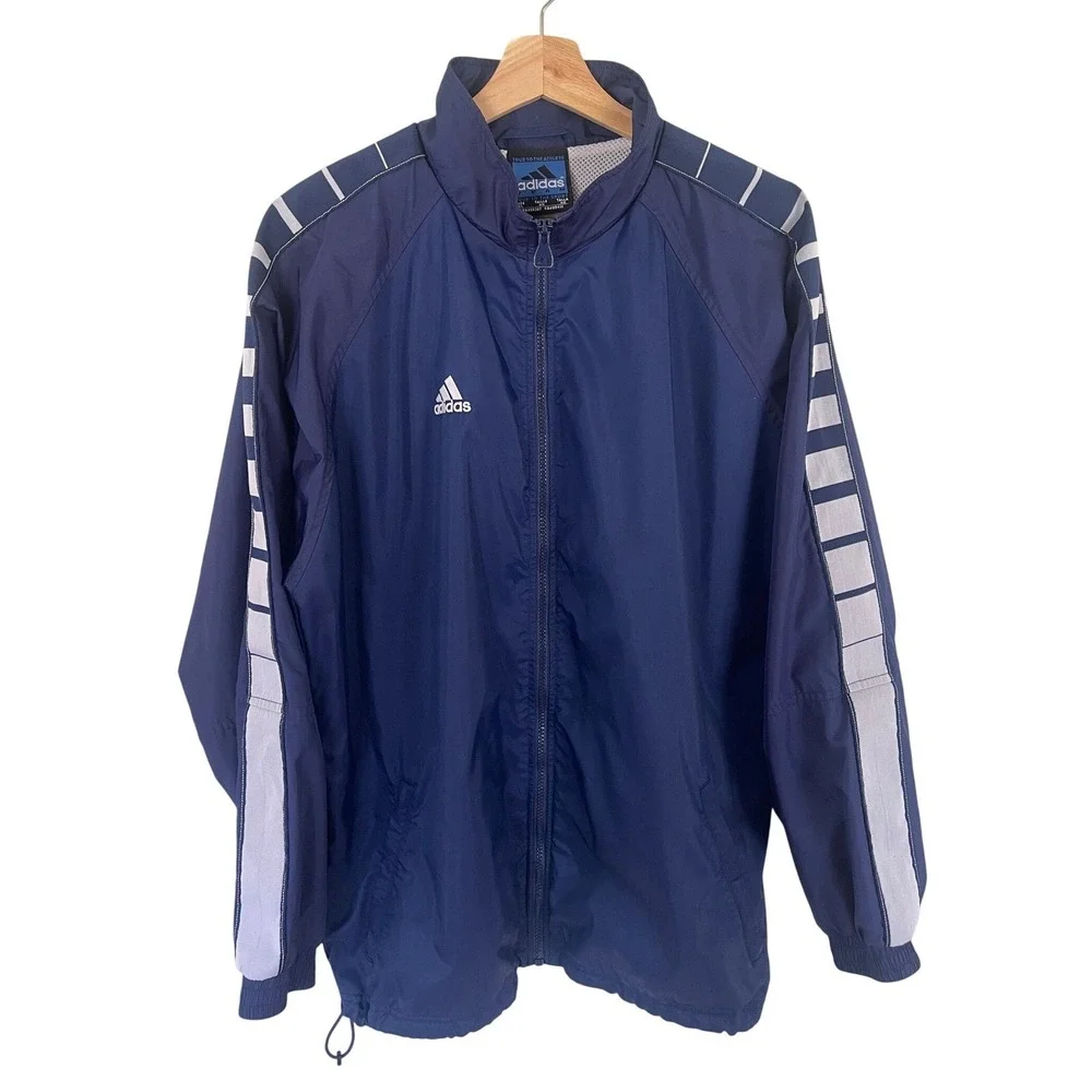 Adidas Mens Track Jacket Full‎ Zip Wind Breaker Navy Blue Nylon Size XL